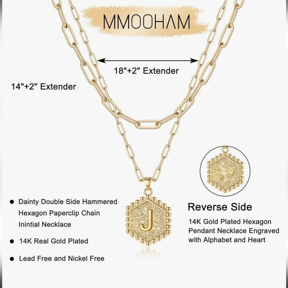 MYMY 14K Gold Plated Layered Hexagon Letter J Initial 18" Necklace - Picture 3 of 6